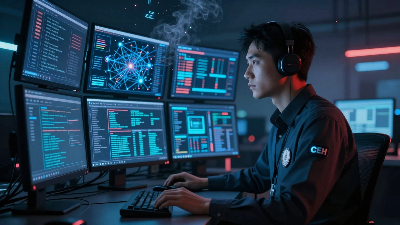 Cybersecurity analyst monitoring threat alerts in a command center with glowing certification badges.