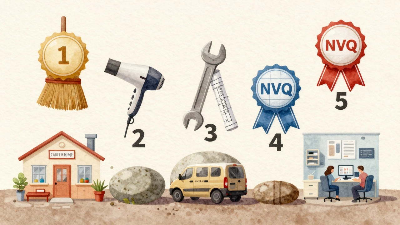 Five NVQ levels represented as stepping stones with symbols for different trades, rising from UK workplaces.