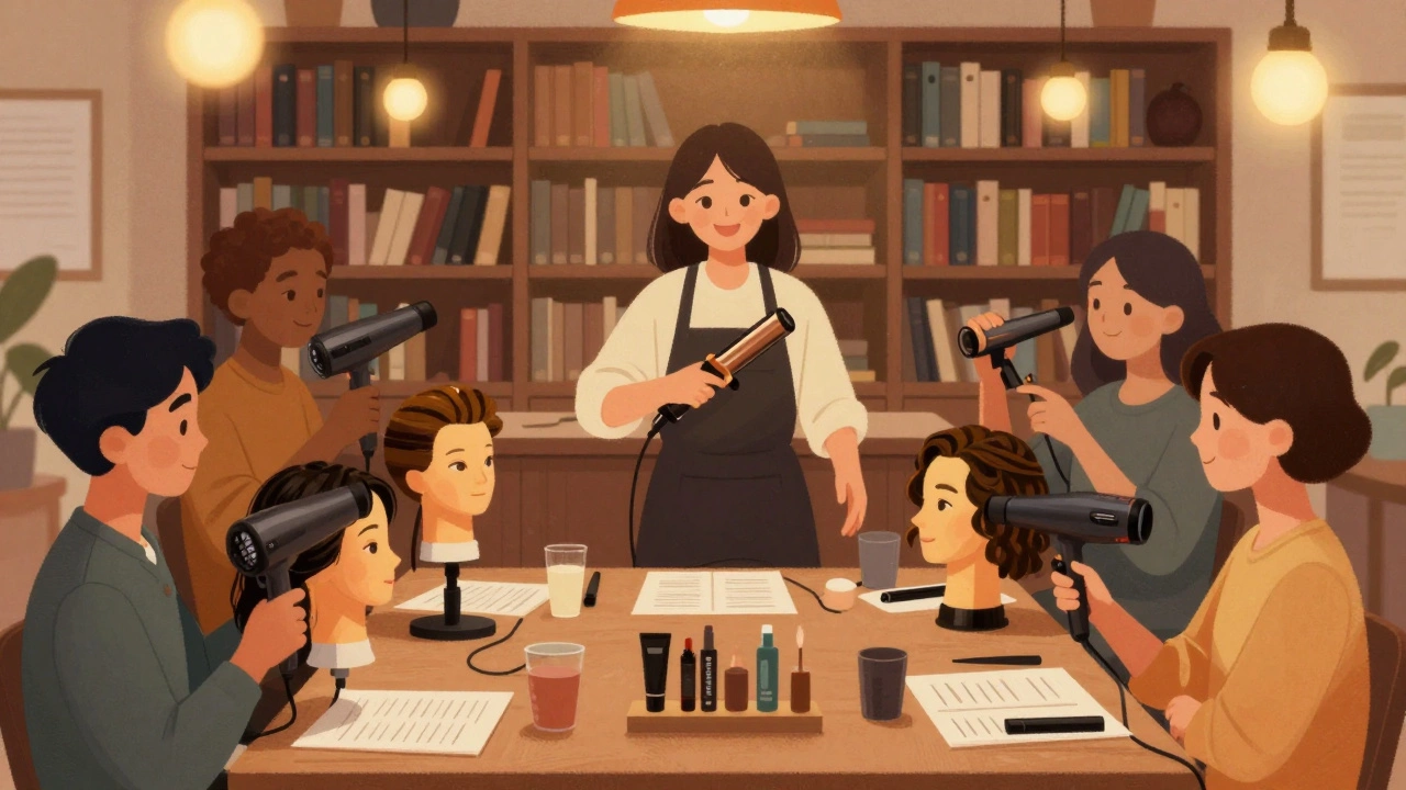 Hairstylist teaching a small group in a library, clients practicing hair styling on mannequins under warm lighting.