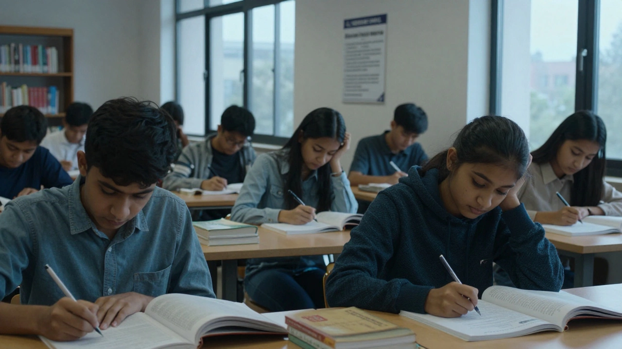 PCS candidates studying in a quiet library at dawn with state exam materials and lamplight.