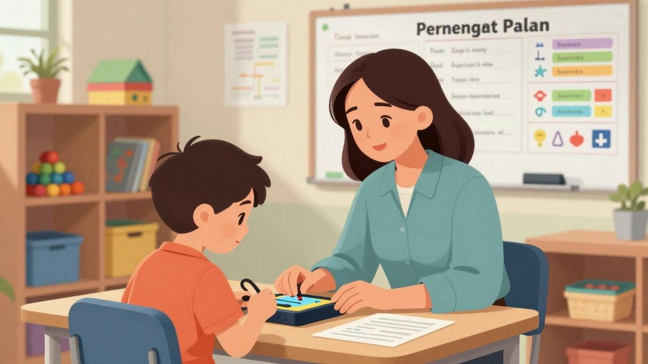 Special education teaching assistant helping a student with autism using a communication device in a well-equipped classroom.