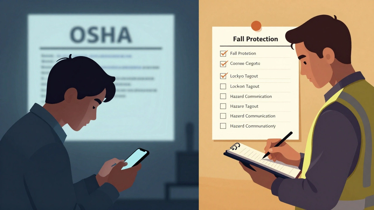 Split-screen showing distracted phone use versus focused safety study with key OSHA topics visible.