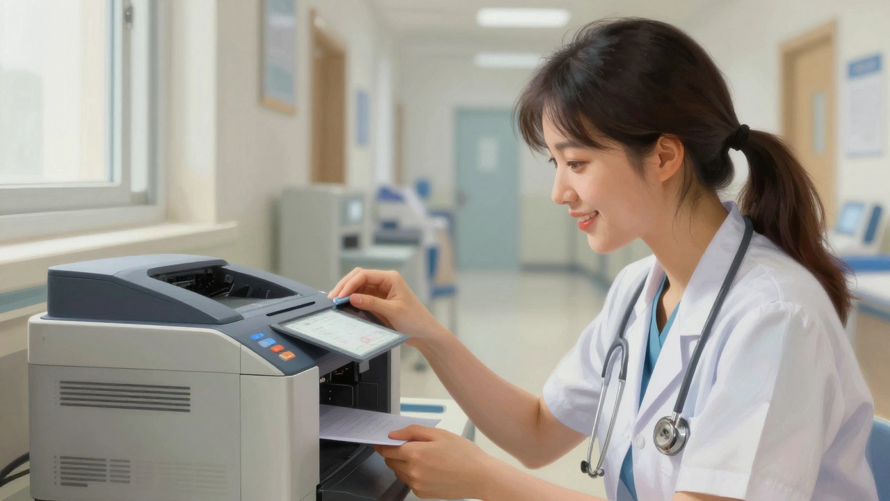 Young woman resolving printer issue for healthcare staff in hospital