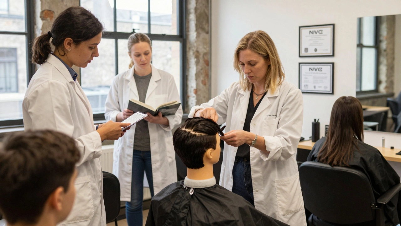 A female barber instructing mixed-gender apprentices in a professional training room with certification displays.
