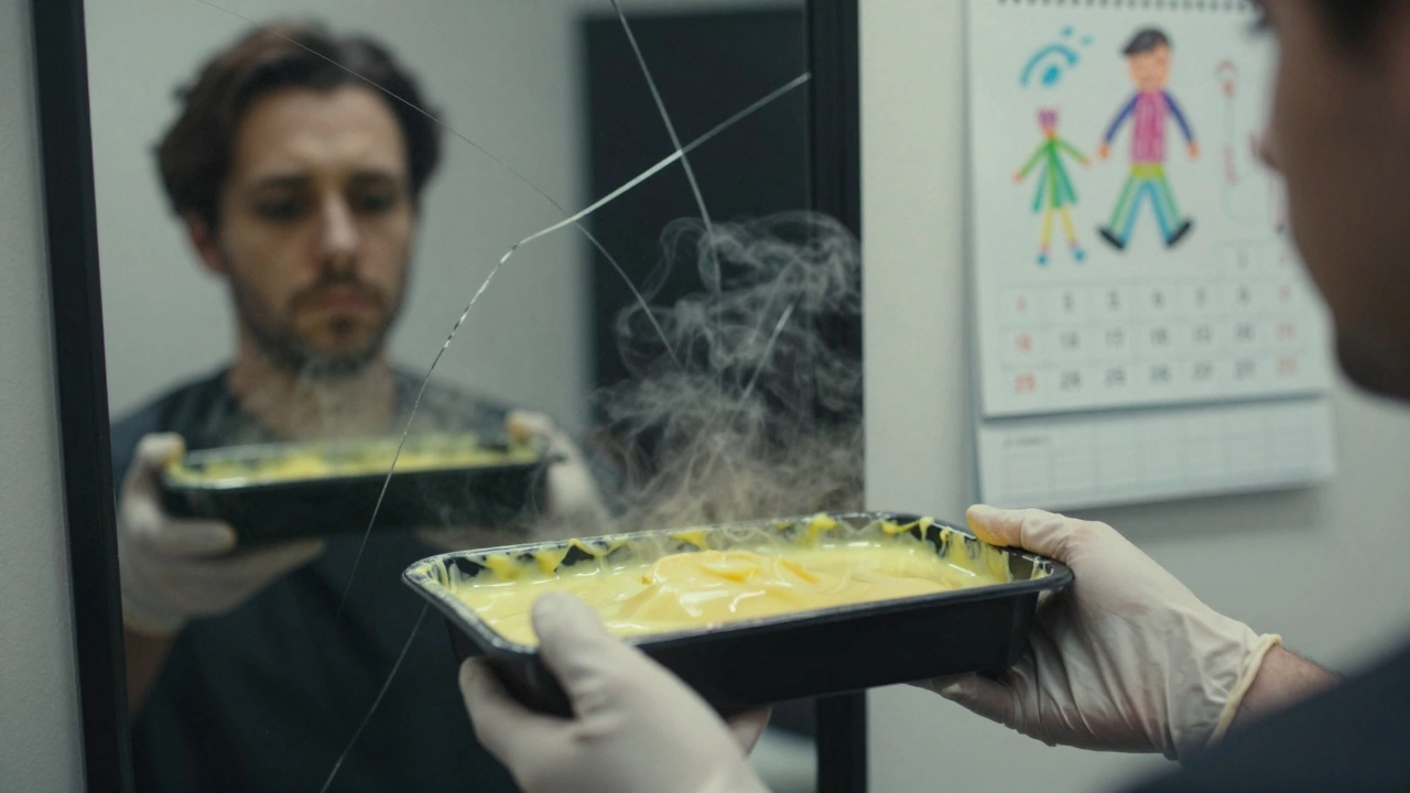 A hairdresser's hands holding bleach, fumes rising, with a tired reflection in a mirror.