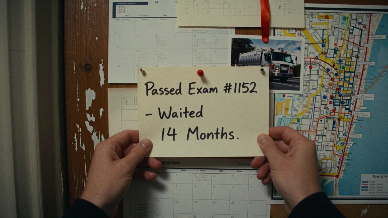 A handwritten note pinned to a bulletin board saying 'Passed Exam - Waited 14 Months,' surrounded by maps and calendars of NYC applicants.