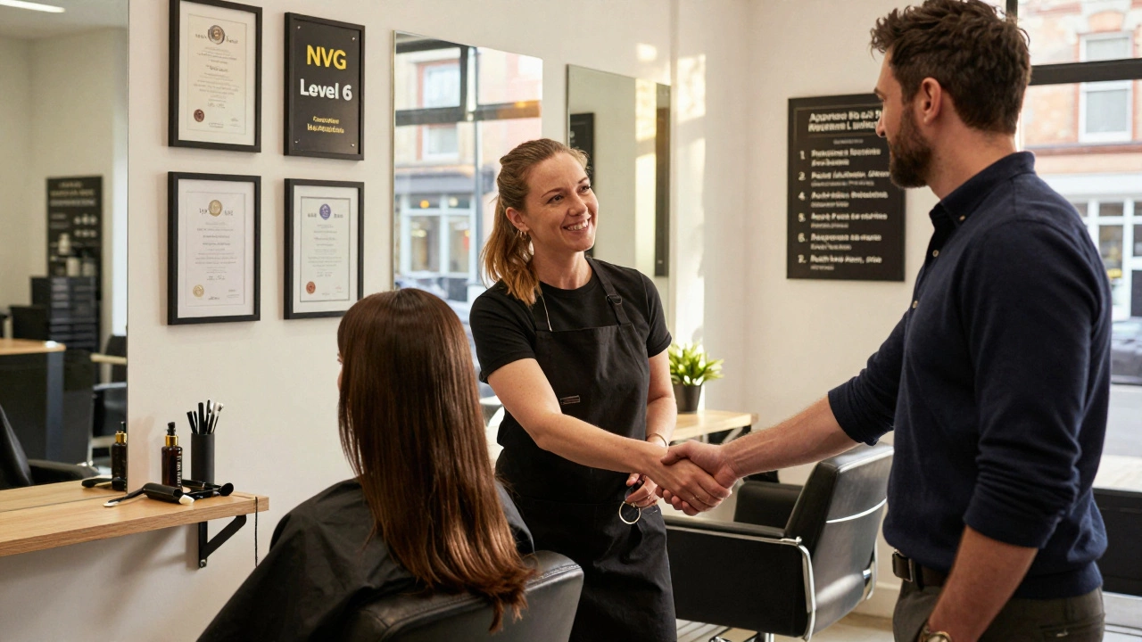 A Level 6 hairdresser opening a new salon, shaking hands with a client and investor, diplomas visible on the wall.