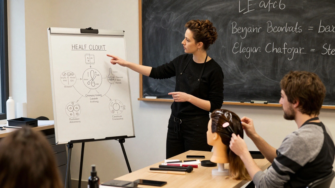 A Level 6 hairdresser teaching apprentices, explaining colour theory using a diagram on an easel.
