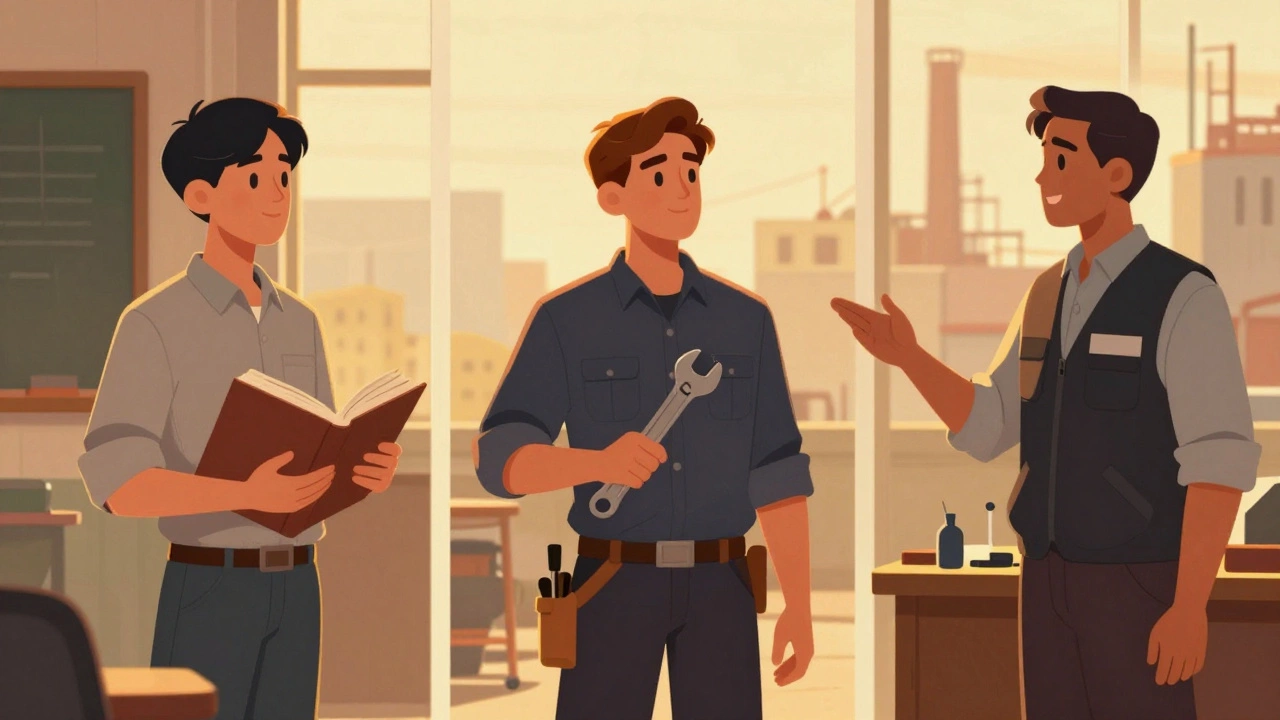 A person’s journey through apprenticeship: from studying alone, to learning with a mentor, to leading others as a skilled professional.