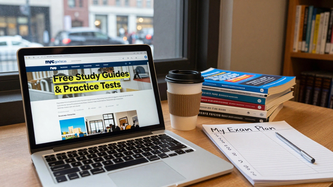 A person studying for a NYC civil service exam using free resources at a public library, with borrowed books and an open laptop.