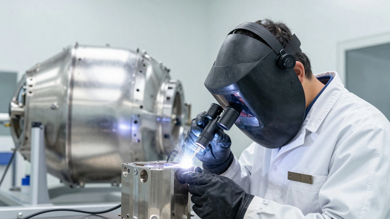 Aerospace technician inspecting a flawless titanium weld under magnification.