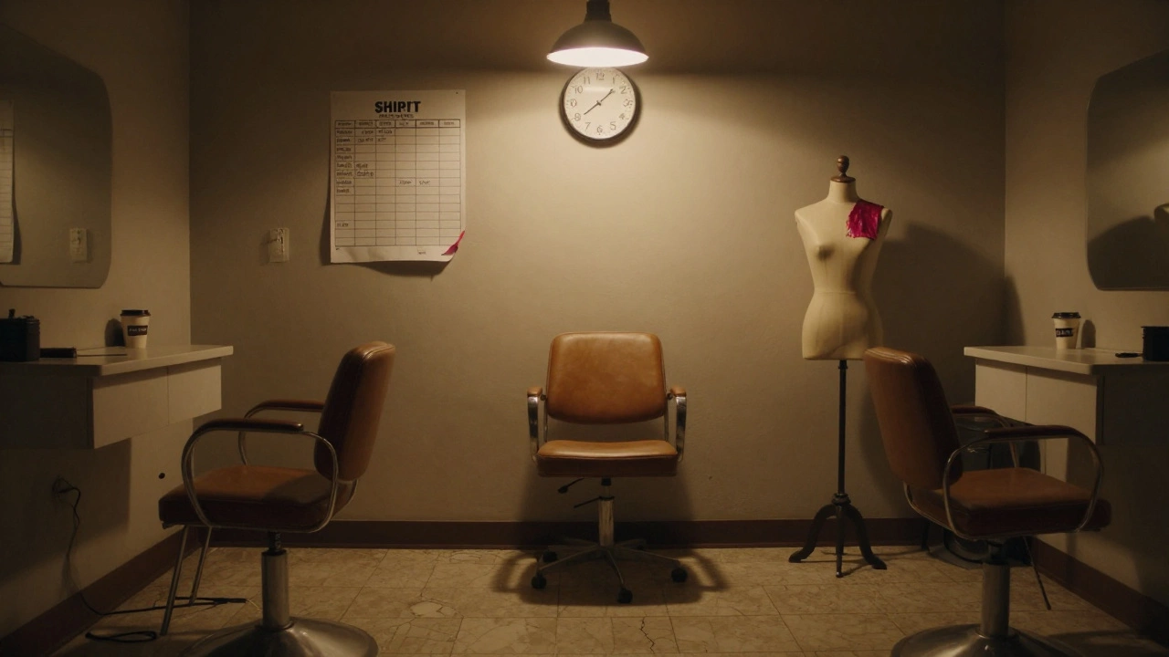 An empty salon at night, with a single chair and a clock showing late hours.