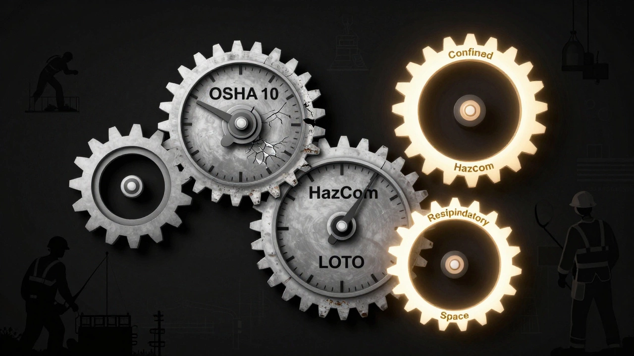 Clock with gears shaped like OSHA certifications, showing which ones need renewal.