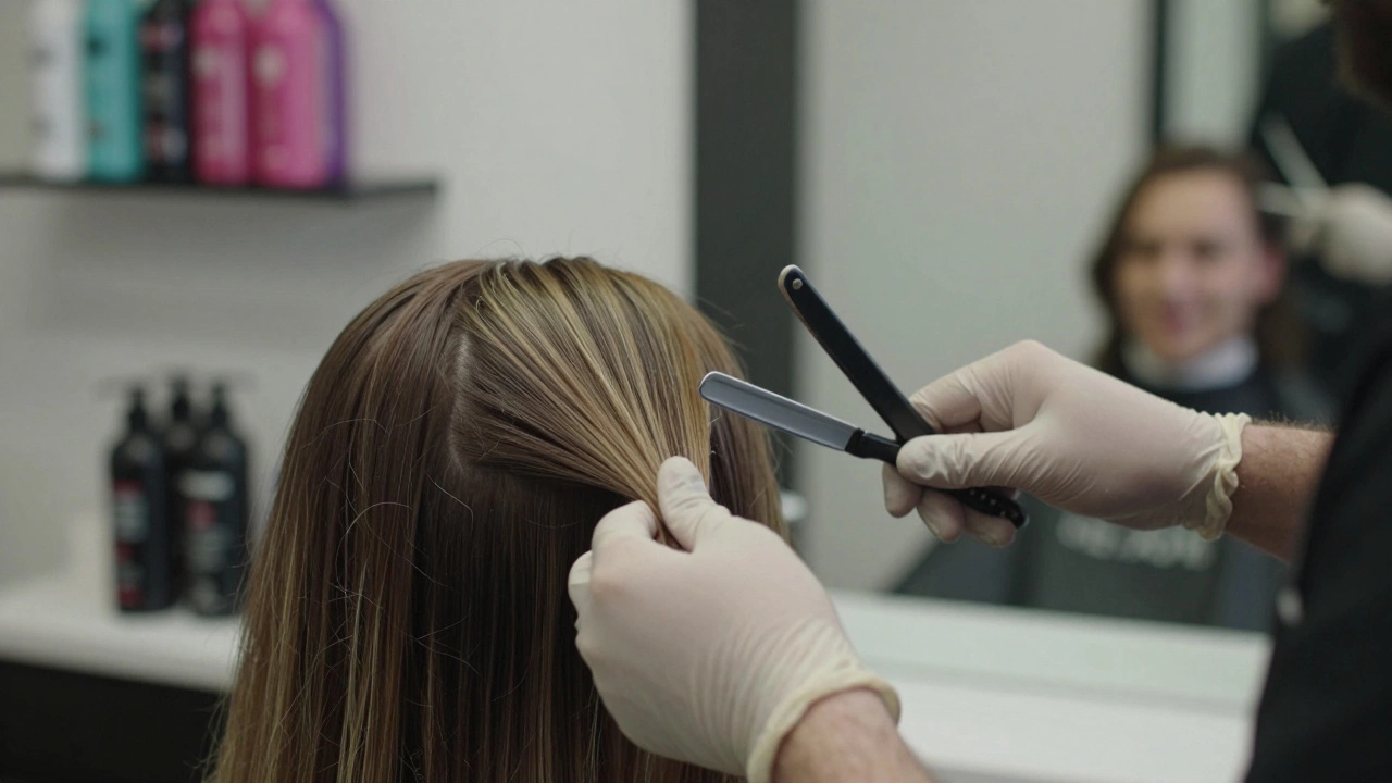 Close-up of hands applying hair color and performing a fade, showing skill over gender in hairstyling.