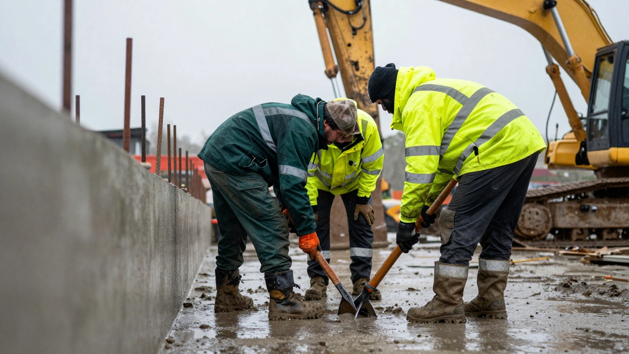 Construction crew working on concrete foundation during rainy overcast weather.