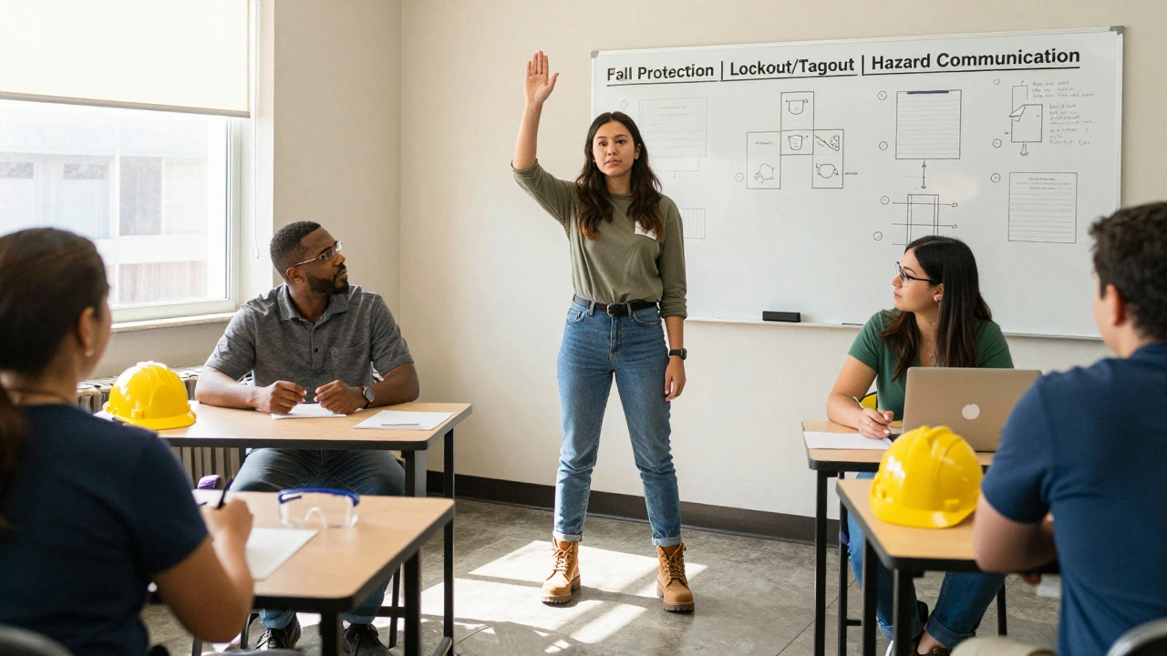 Diverse group learning OSHA safety procedures in a training room, focused on hands-on education.