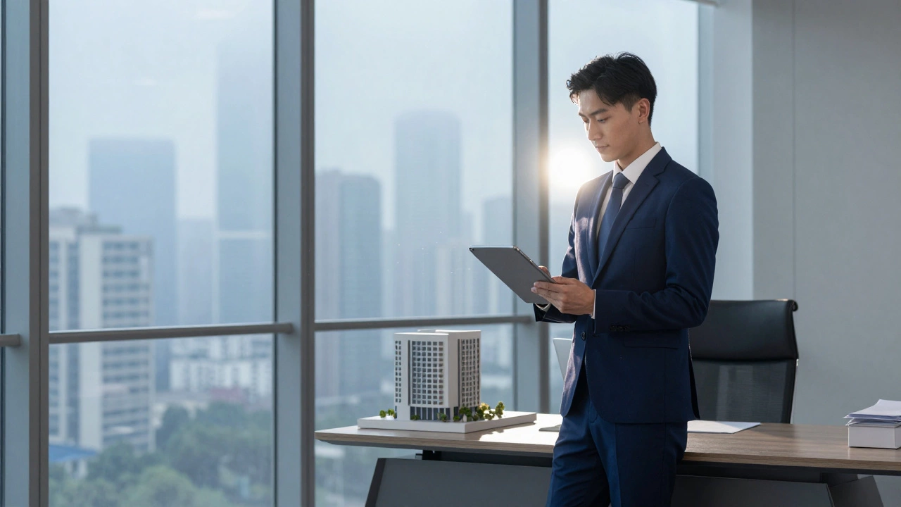 Executive manager viewing city from hotel office window