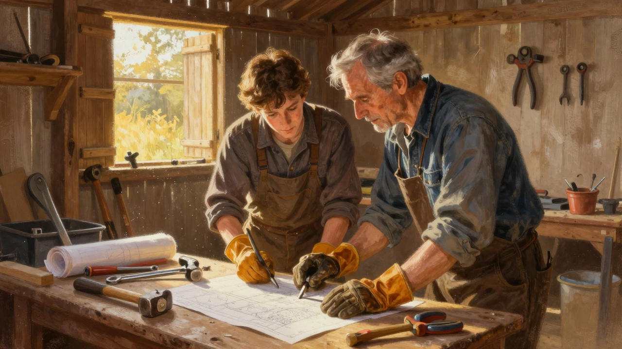Experienced tradesman mentoring young apprentice in a tool-filled workshop setting.