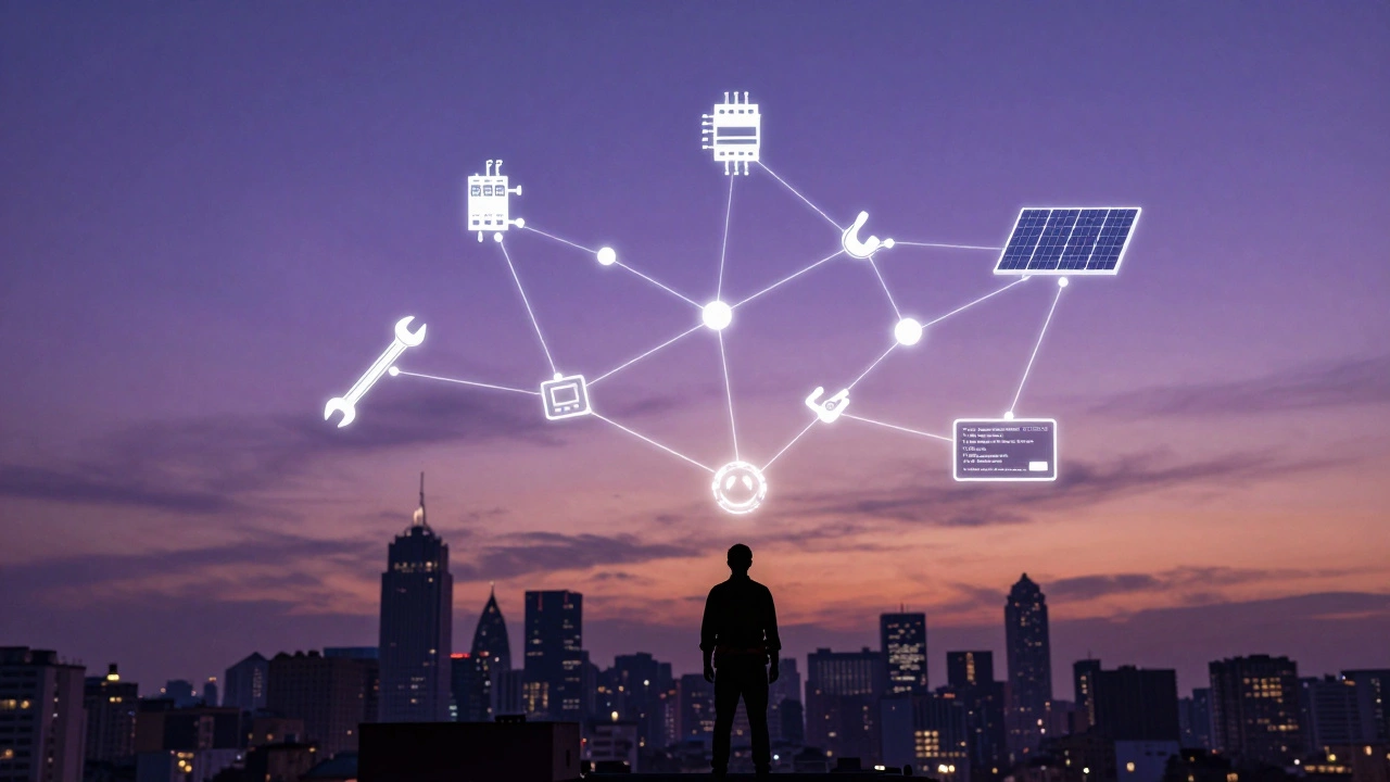 Floating tools and tech symbols connected in a glowing network above a city, symbolizing skilled trades as the foundation of economic strength.