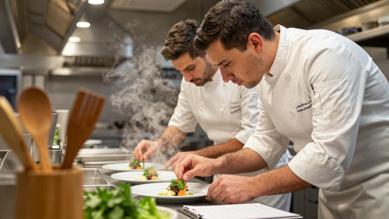 Junior apprentice learning plating skills from chef in kitchen