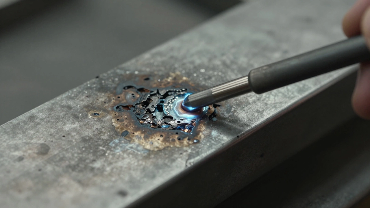 Ruined TIG weld on stainless steel next to a contaminated tungsten electrode.