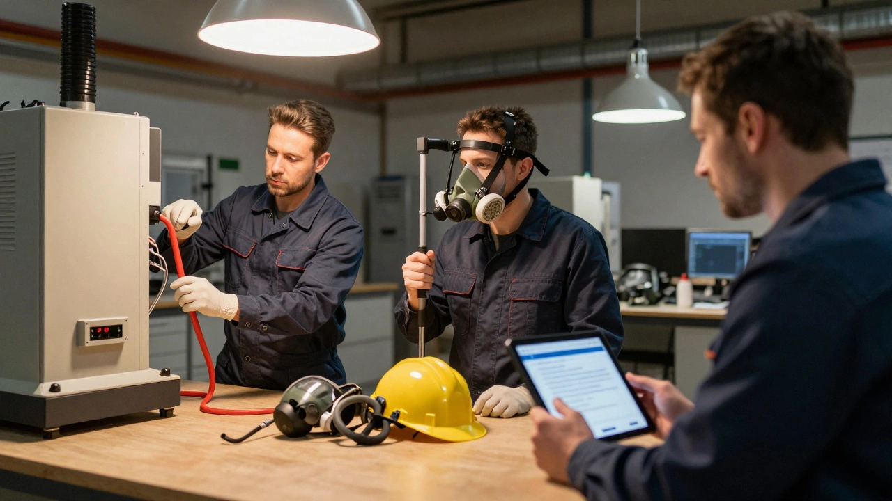 Three workers undergoing different OSHA safety retrainings in an industrial setting.