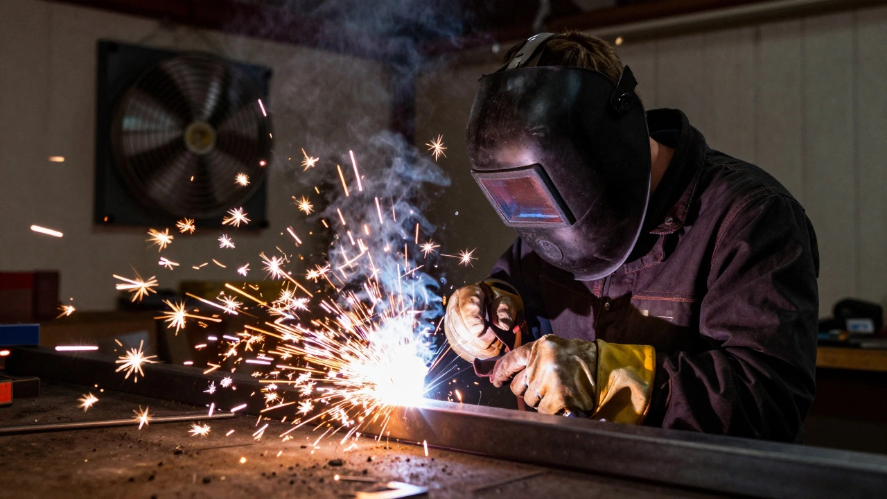 A person in a garage using a welding helmet to create bright sparks while working on metal.
