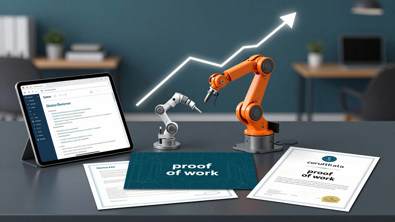 A professional portfolio with a digital code repository and engineering schematics on a desk.