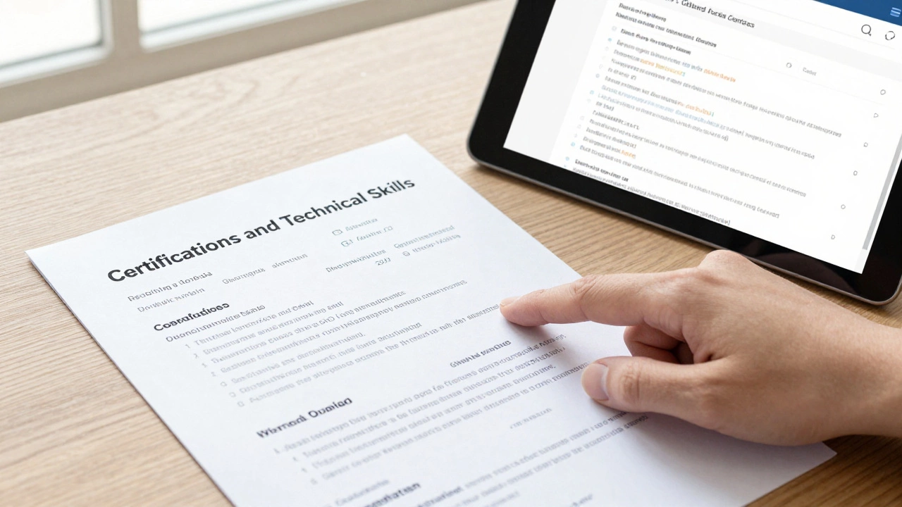 Close-up of a resume highlighting technical certifications and a GitHub portfolio on a tablet.