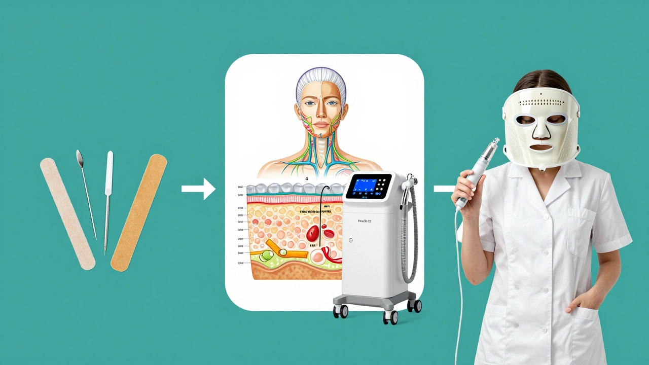 Conceptual graphic showing the progression from basic beauty tools to advanced skin science.