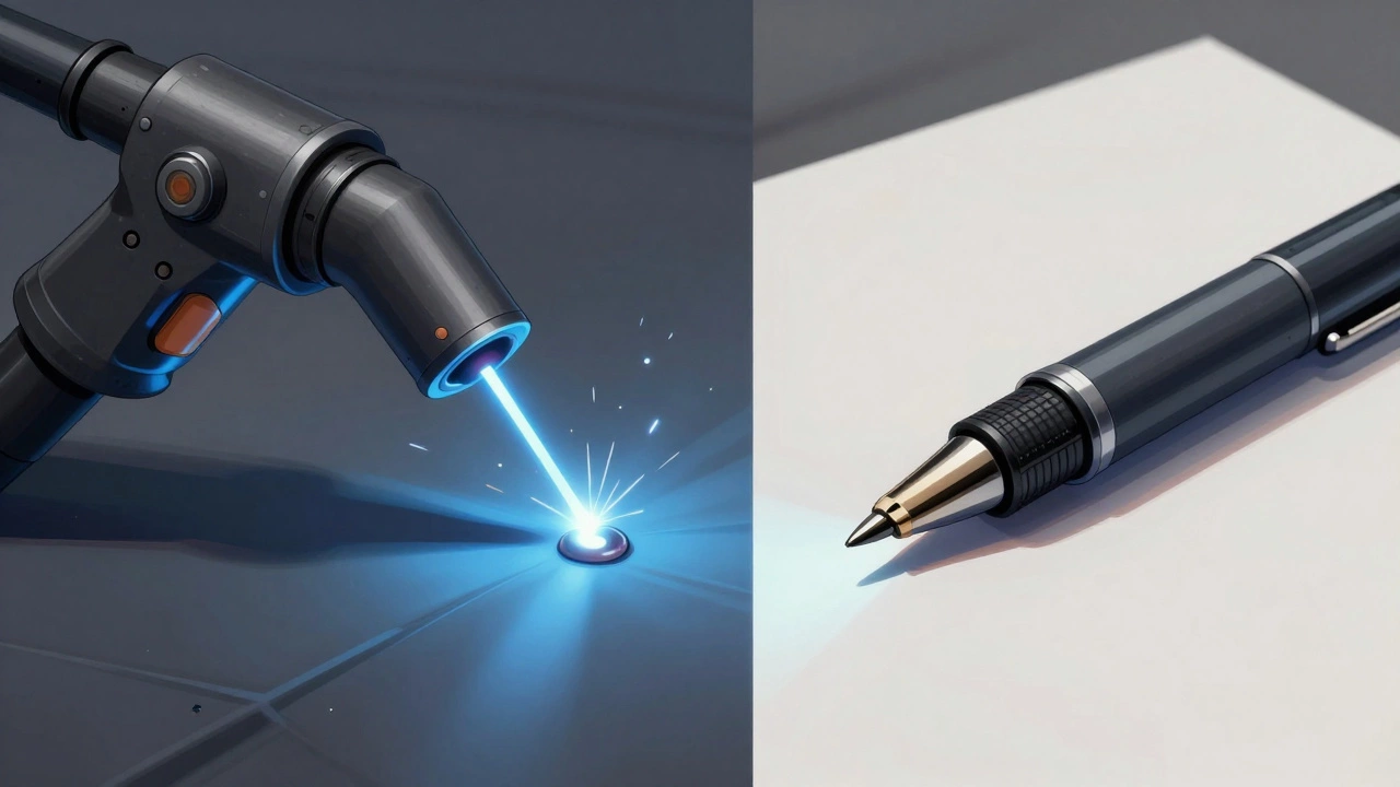 Conceptual illustration comparing the continuous flow of MIG welding to a pen writing on paper.