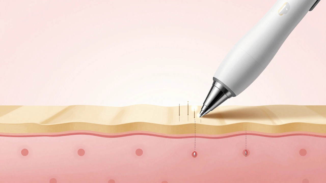 Conceptual illustration of a microneedling pen creating precise channels in skin layers