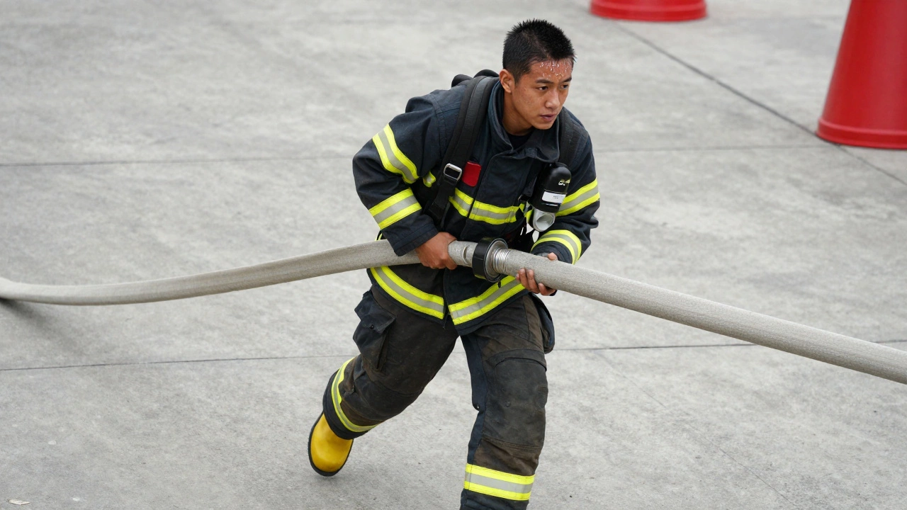 Firefighter recruit in a weighted vest dragging a heavy hose during a fitness test.