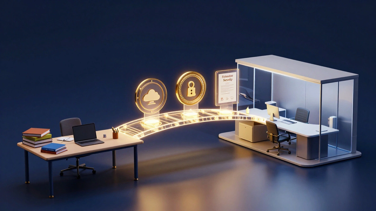 Holographic certification badges forming a bridge between a home study and a corporate office.