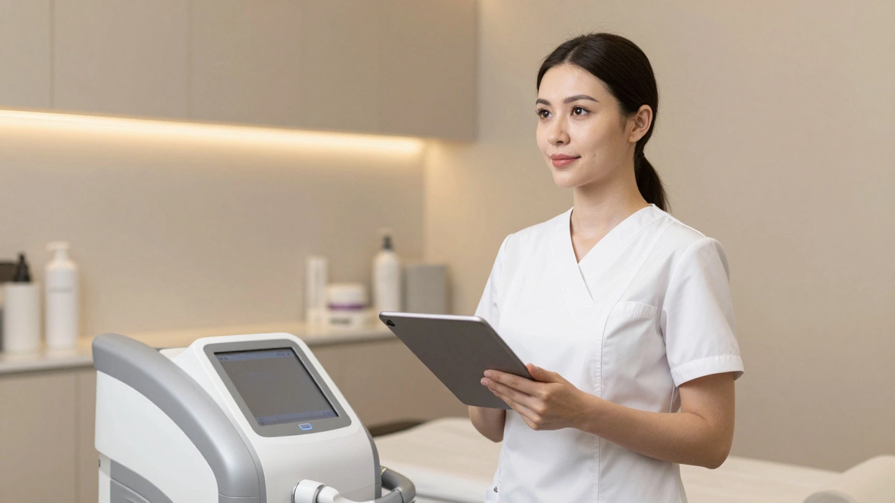 Qualified beauty therapist in a white tunic standing in a modern medical-grade skin clinic.
