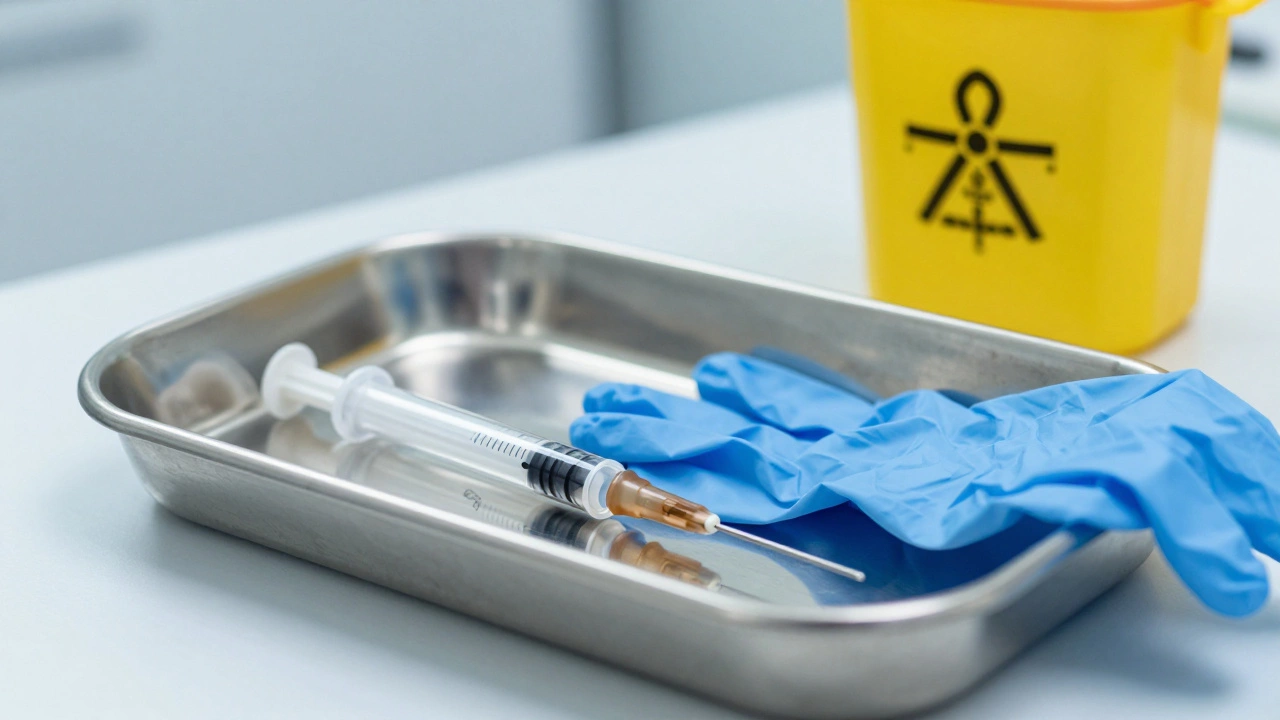 Sterile clinic tray with a single-use needle cartridge and biohazard container