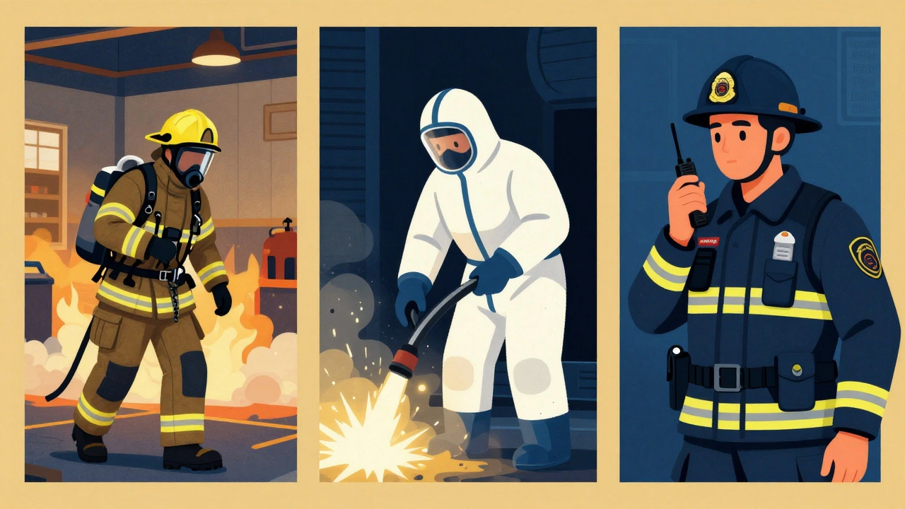 Three stages of a firefighting career from recruit to HazMat specialist to officer.