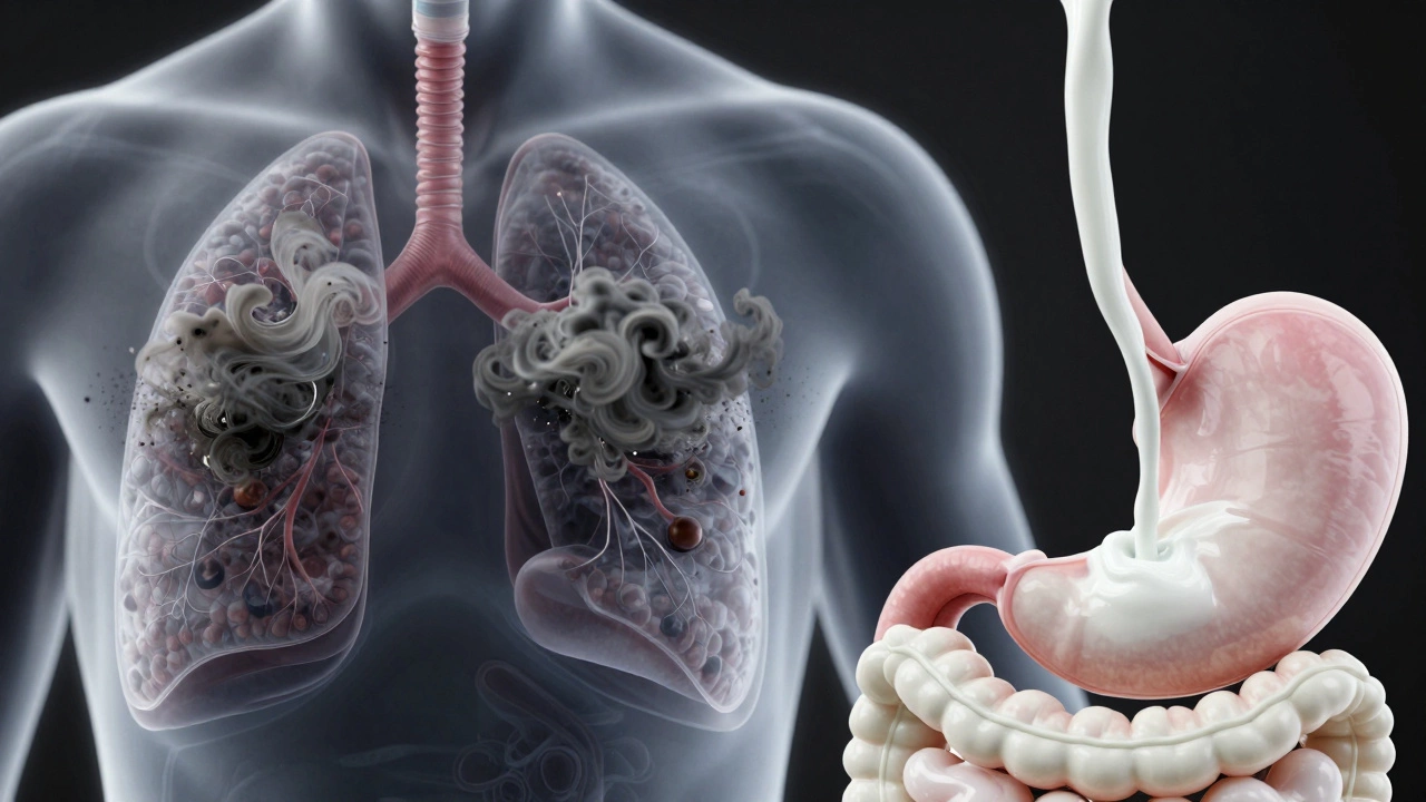 Anatomical illustration showing milk going to stomach while fumes enter lungs