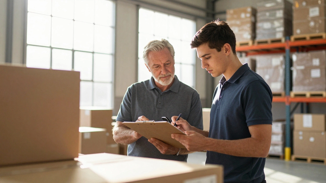 Apprentice documenting work with mentor in a logistics warehouse
