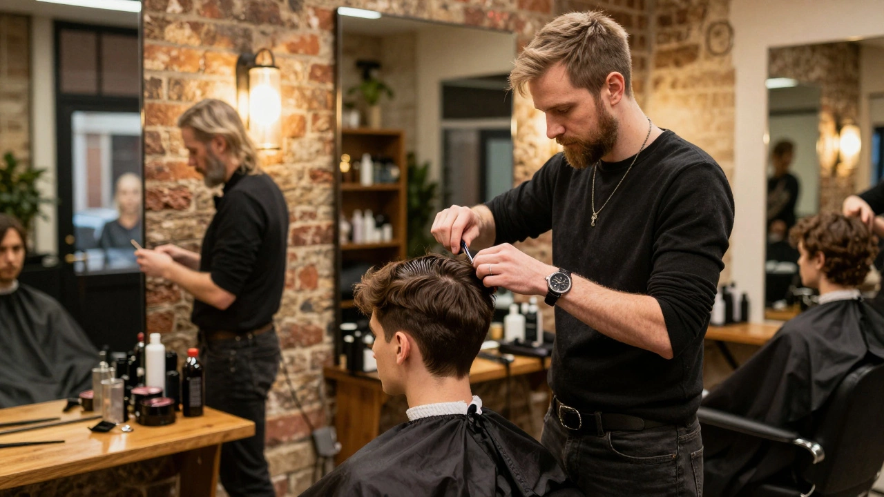 Apprentice learning haircutting techniques from a senior stylist in a salon