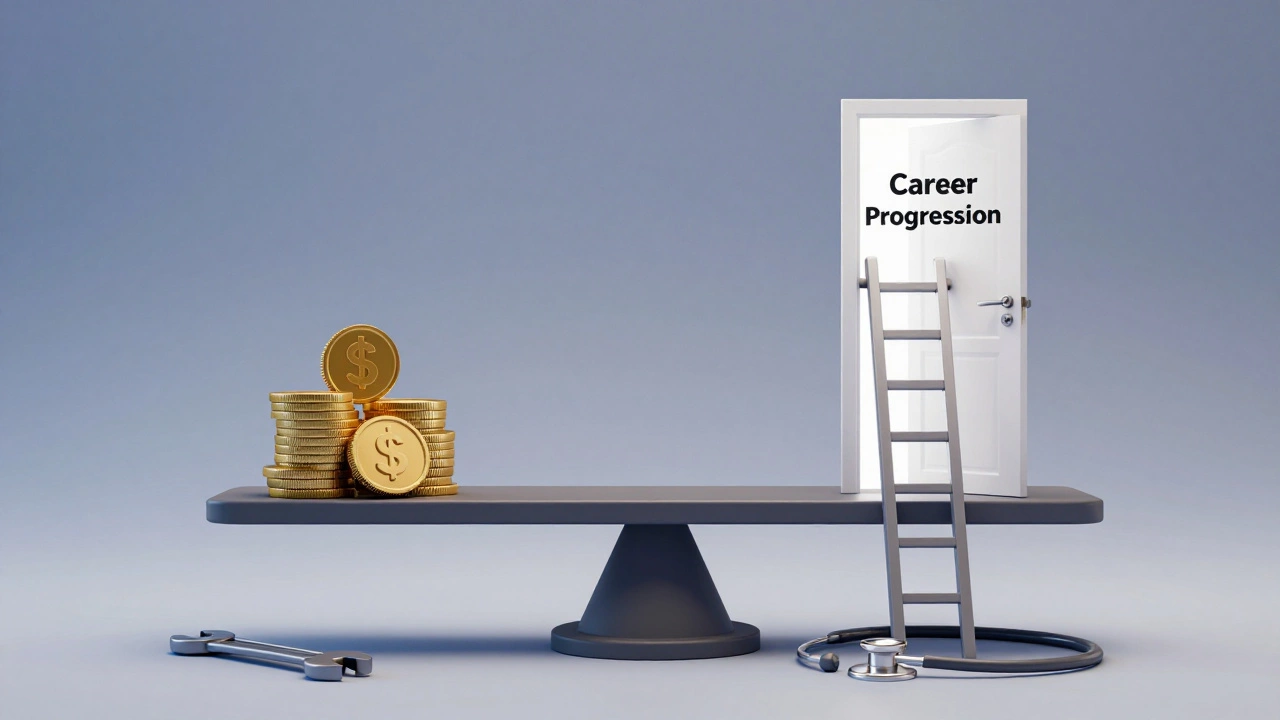 Balance scale showing low cost vs high career value of vocational training