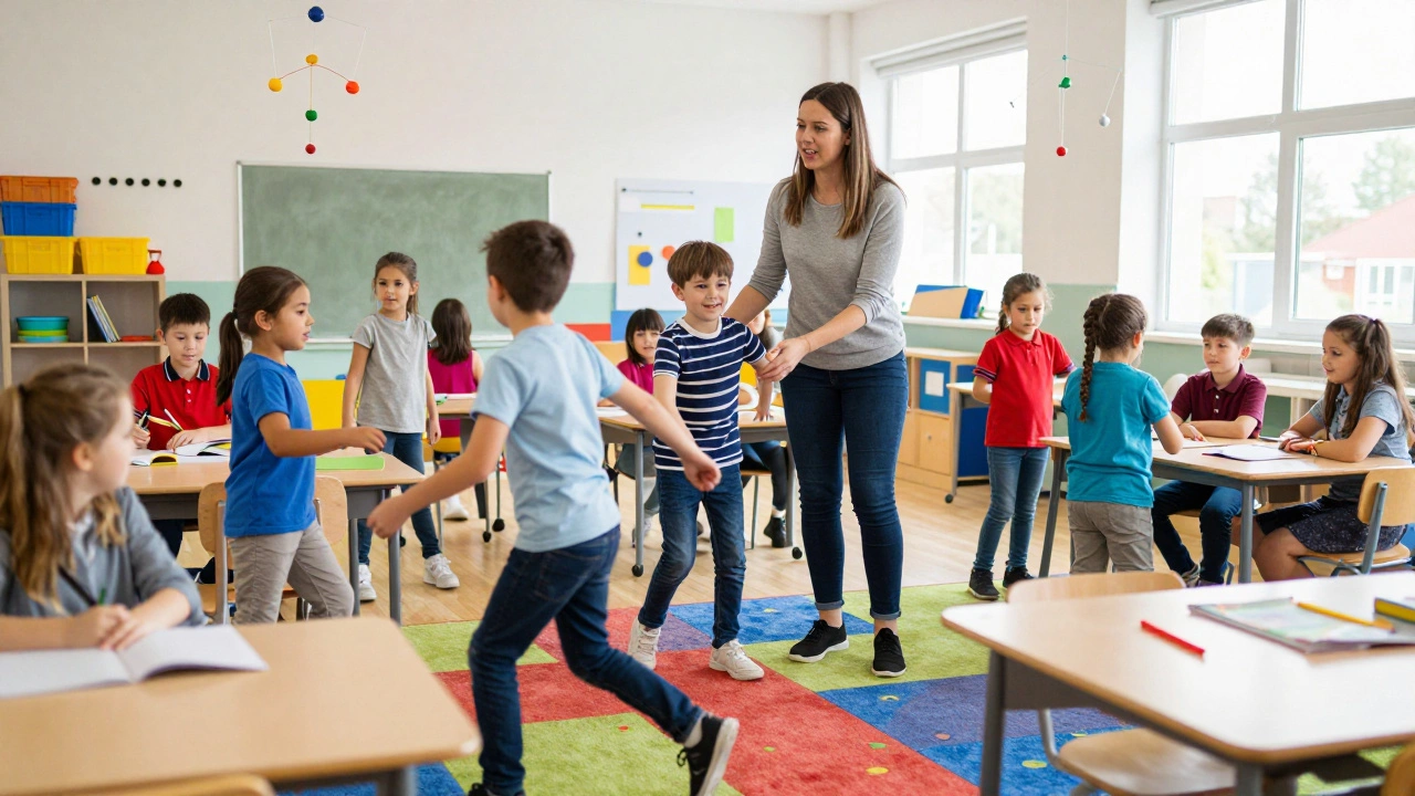 Busy classroom scene showing TA managing active children and noise