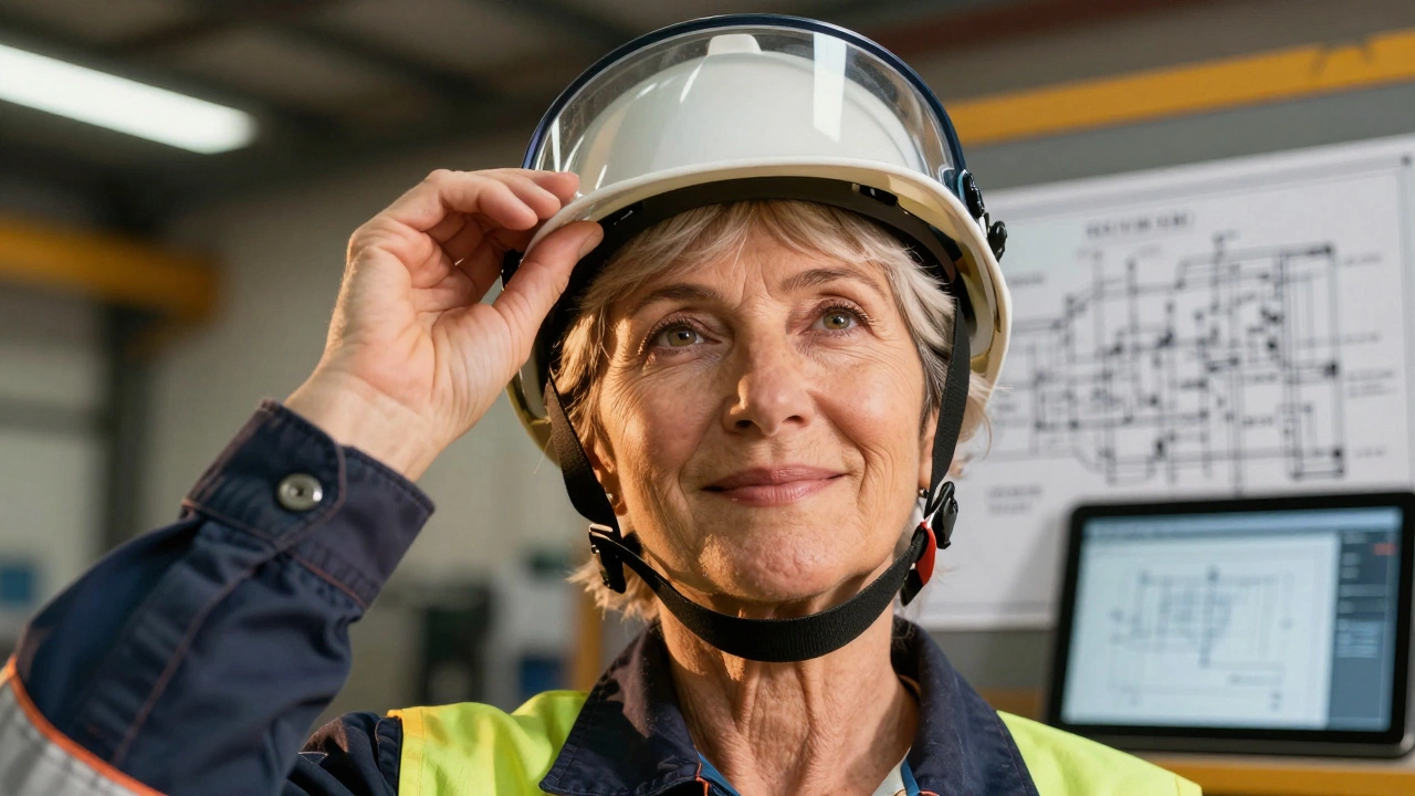 Confident female welder removing helmet in a safe, modern fabrication shop