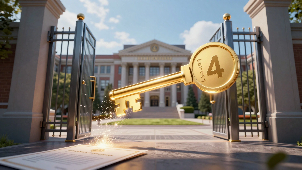 Golden key fitting into a university gate, symbolizing degree entry via NVQ.
