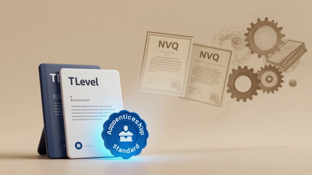 Modern T Level and Apprenticeship badges glowing next to fading old NVQs