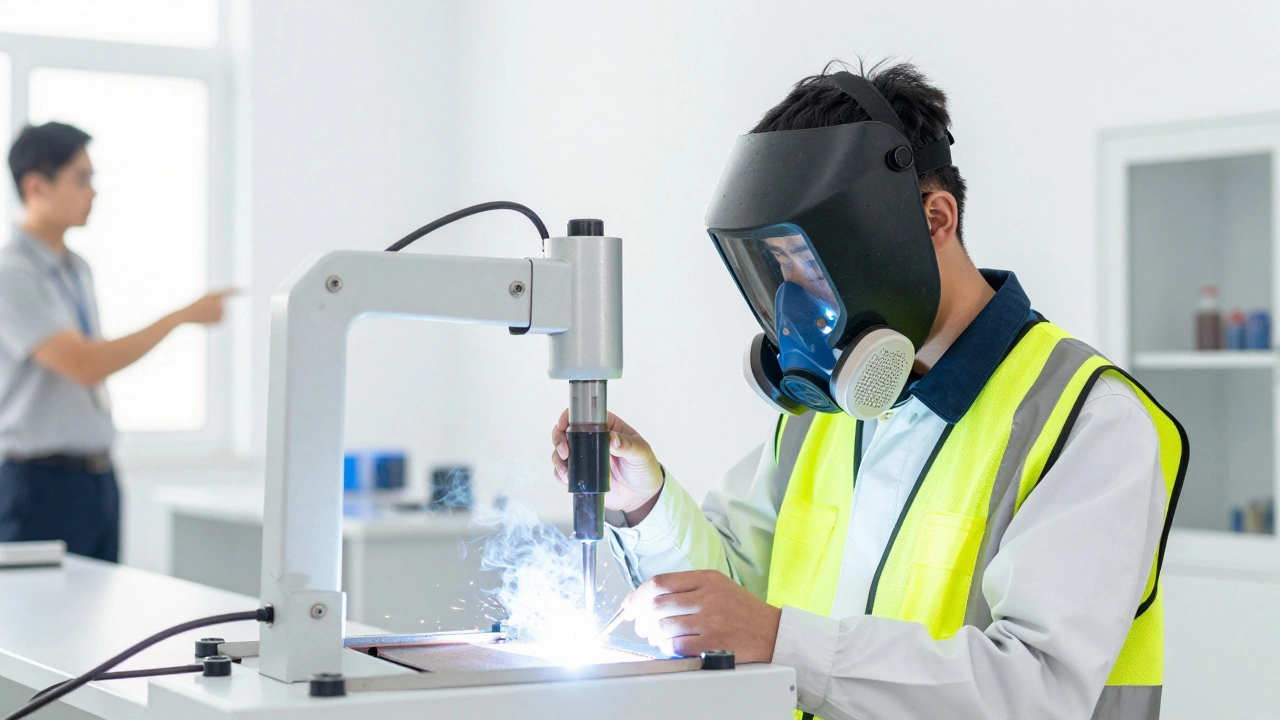 Modern welder using local exhaust ventilation and respirator for safety