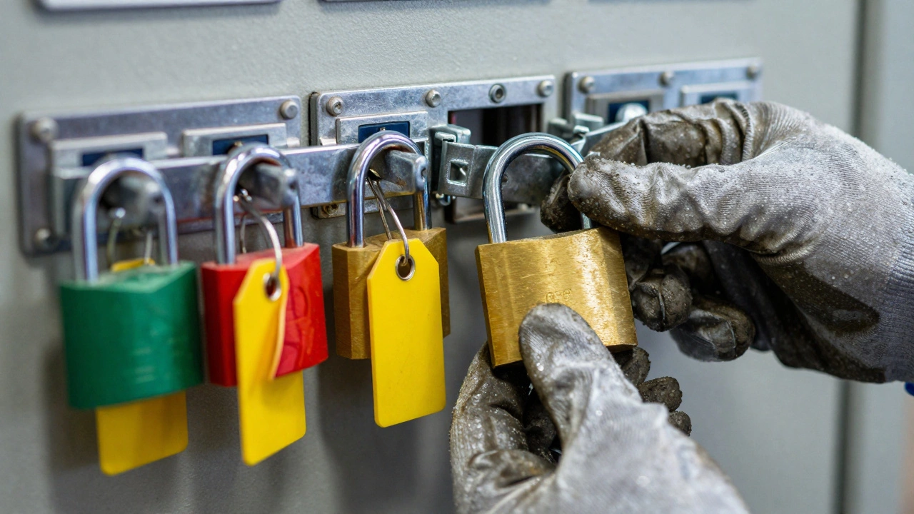 Multiple padlocks and tags applied to an isolated circuit breaker
