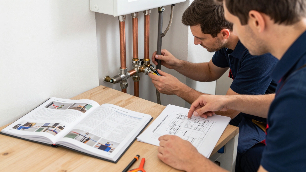 Plumber discussing technical work with assessor and portfolio