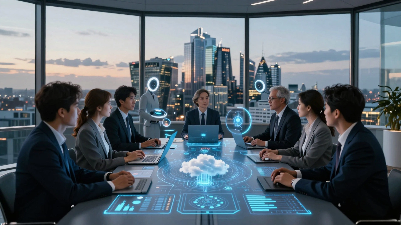 Professionals discussing cloud strategy with AI aids in a futuristic boardroom.