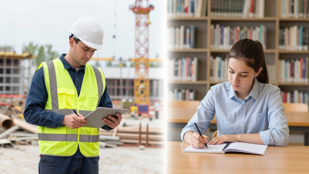 Split image comparing construction work and library studying